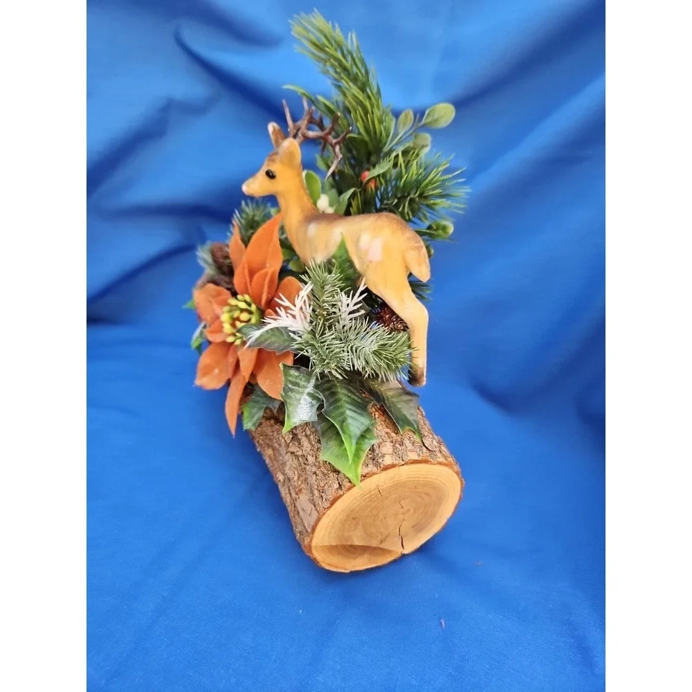 Christmas Reindeer Yule Tide Log Centerpiece Flocked Plastic Poinsettia 10
